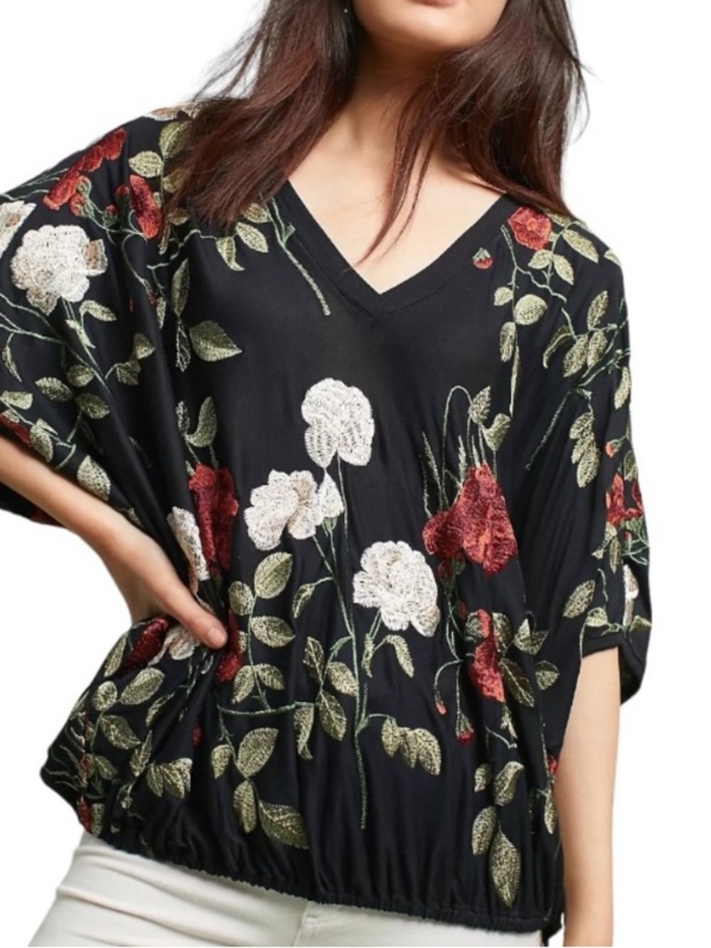 Anthropologie Akemi + Kin Floral Embroidered V-Neck Blouse